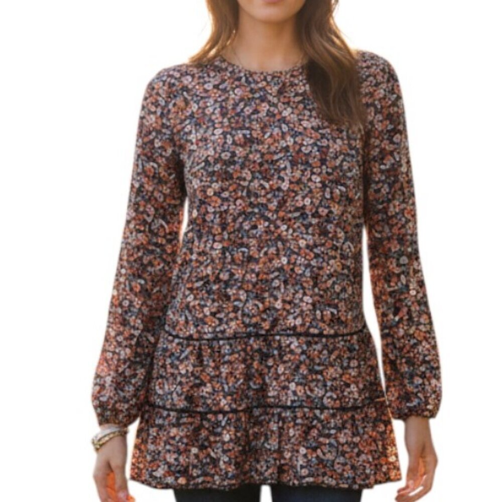 J Jill Printed Tiered Tunic Floral Size XS Navy Blue A-Line Smocked Long Sleeve